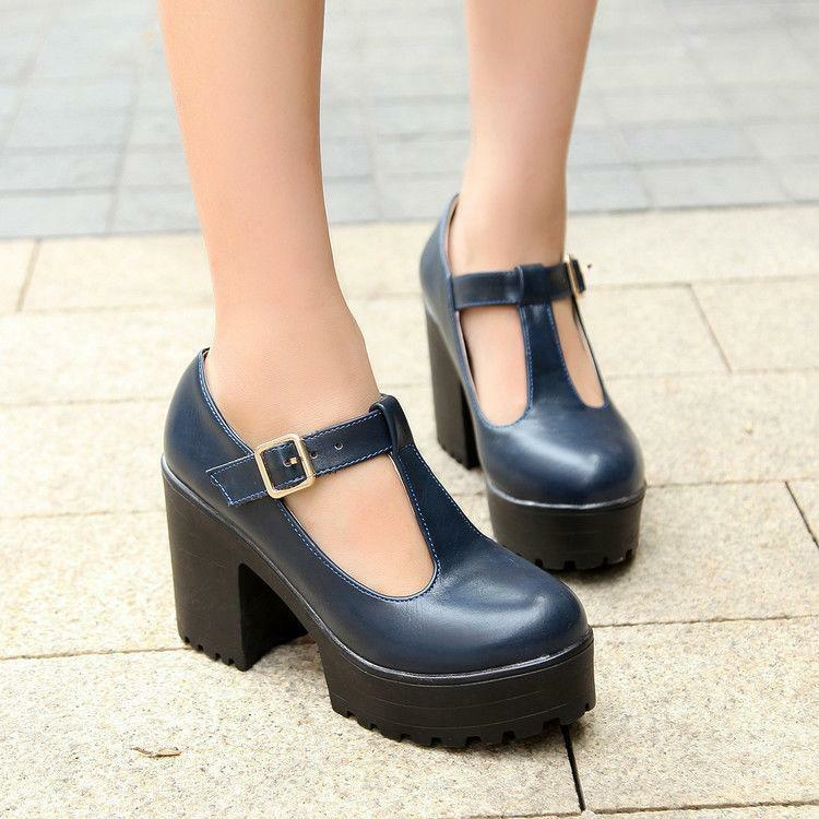 Women's Chic Chunky Heels High Platform Mary Jane Ankle T-Strap Punk Shoes Solid