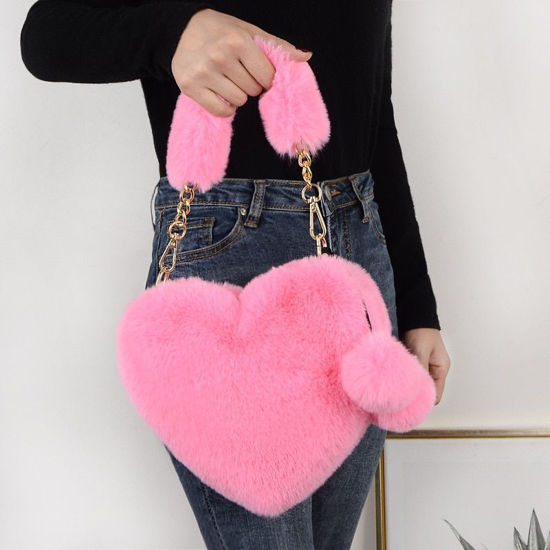Faux Fur Winter Women Handbag Cute Heart Shaped Shoulder Bag Purse Messenger Bag