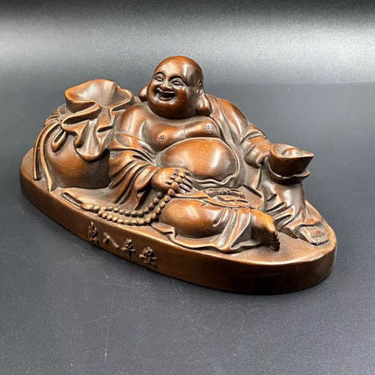 Antique Chinese Boxwood Wood Carved Maitreya Buddha Statue Wooden Decor Artwork