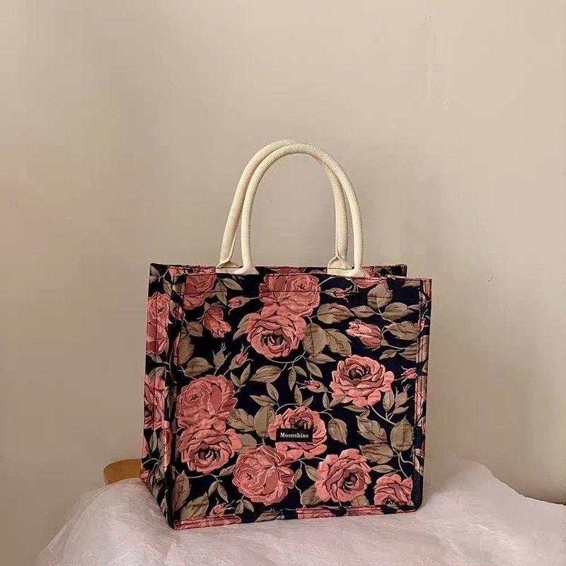 Vintage Tote Bag Rose Print Luxury Handbag Large Shopping Bags 36.5*32.5*16 CM