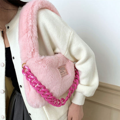 Faux Fur Plush Shoulder Bags Winter Furry Soft Tote Handbags Pink Purple Purse