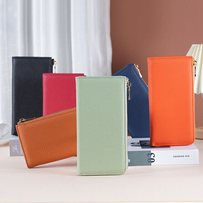 Togo Leather Women's Long Wallet, RFID Blocking Card Holder Zipper Clurch bag