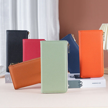 Togo Leather Women's Long Wallet, RFID Blocking Card Holder Zipper Clurch bag