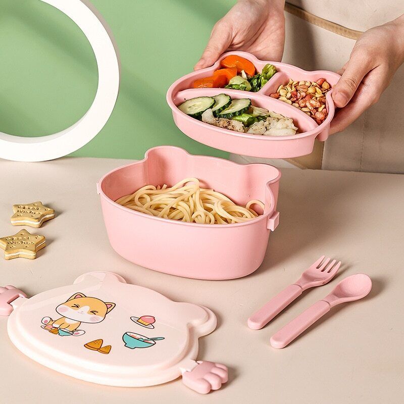 School Kids Lunch Box 2 Tier Leakproof Plastic Cartoon Bento Food Container