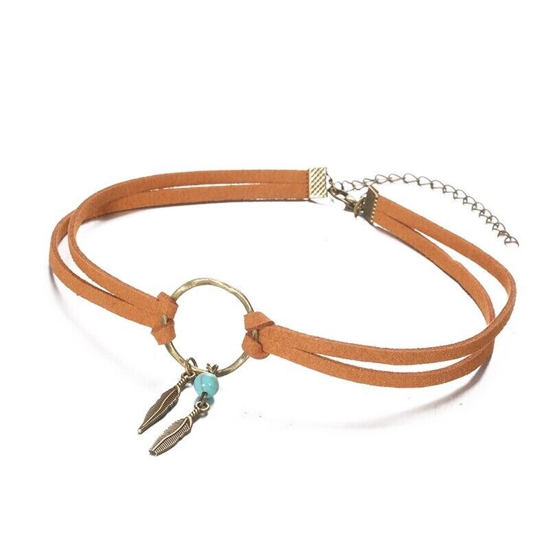 Women Necklace Alloy Brown Leather Chain Boho Choker Feather Bead Pendant 39.5cm