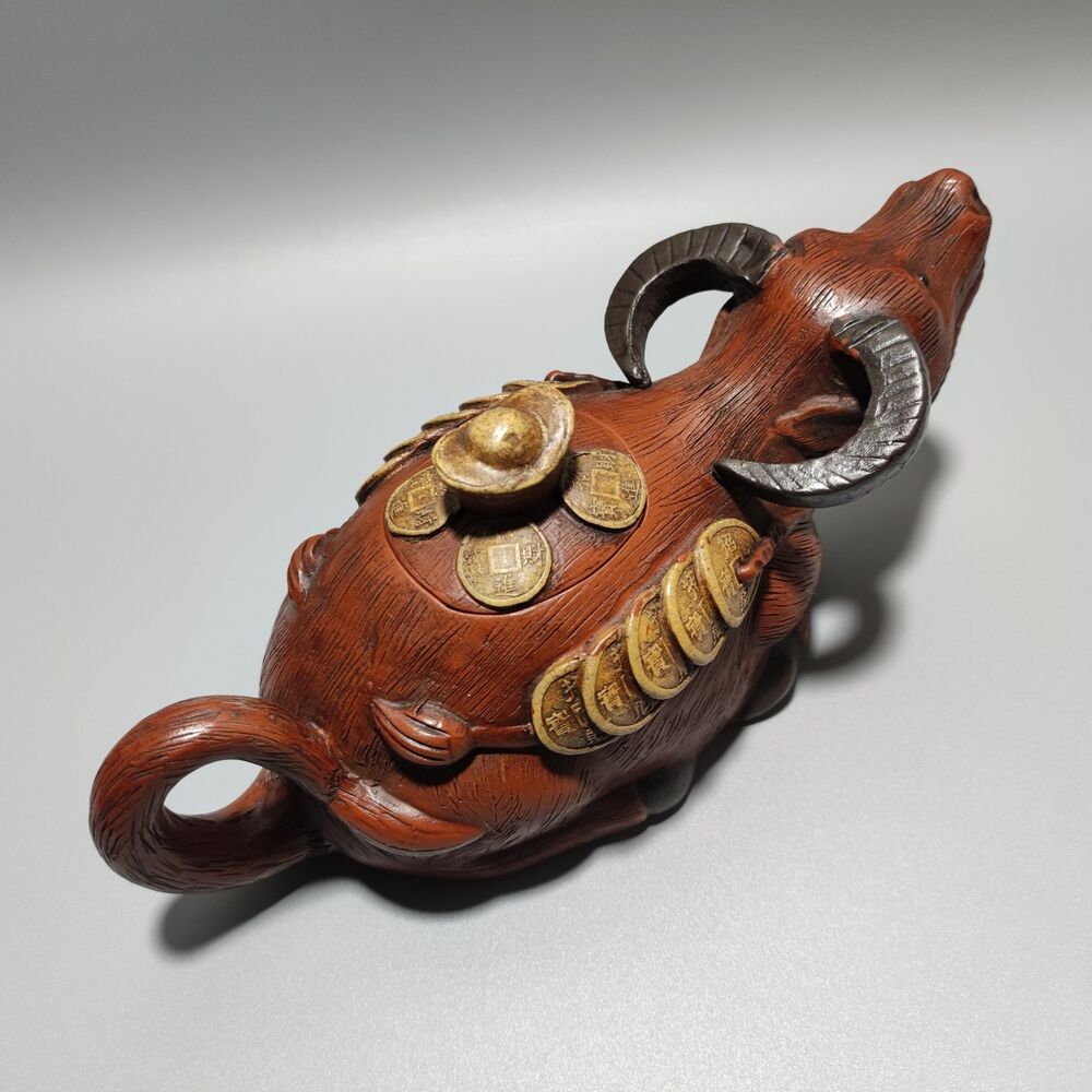 Vintage Chinese Yixing Purple Clay Teapot Zisha Ceramic Carving Cattle Teaware