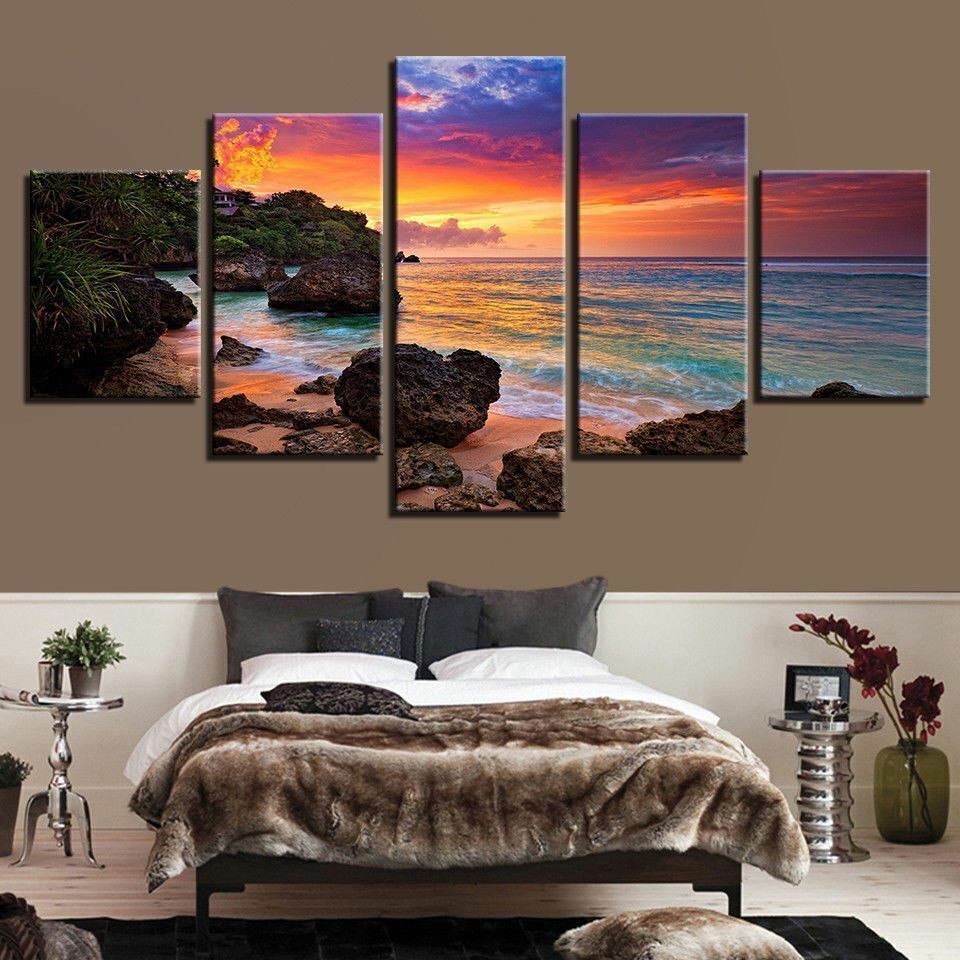 Hawaii Sea Beach Sunset Seascape Canvas Prints Painting Wall Art Home Decor 5PCS