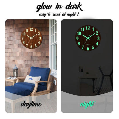 Luminous Walls Clock 12in Wood Non Ticking Light In Dark Night Living Room Decor