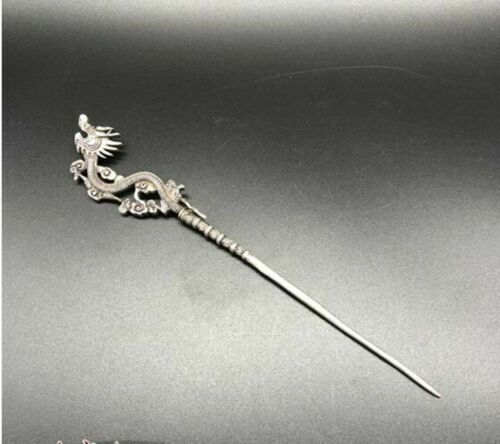 Chinese Old Tibetan silver Copper hand carved Dragon hairpin Statues
