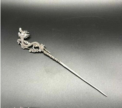 Chinese Old Tibetan silver Copper hand carved Dragon hairpin Statues