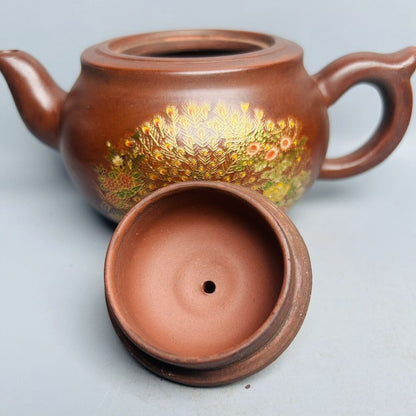 Vintage Chinese Yixing Purple Clay Teapot Zisha Ceremony Painted Peacock Teaware
