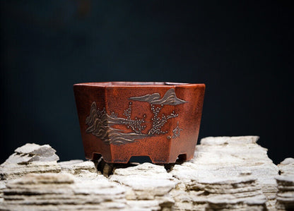 Chinese Yixing Zisha Clay Handmade Exquisite flowerpot（手工六方 底款：铁画轩）