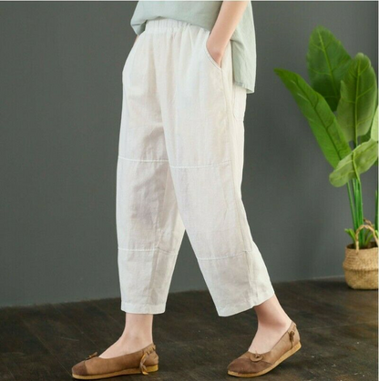 Women Comfort Loose Fit Baggy Flax Linen Harem Pants Leisure Pockets Trousers @