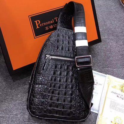 Original Crocodile Skin Leather Crossbody Bag, Men's Luxury Black Sling Backpack