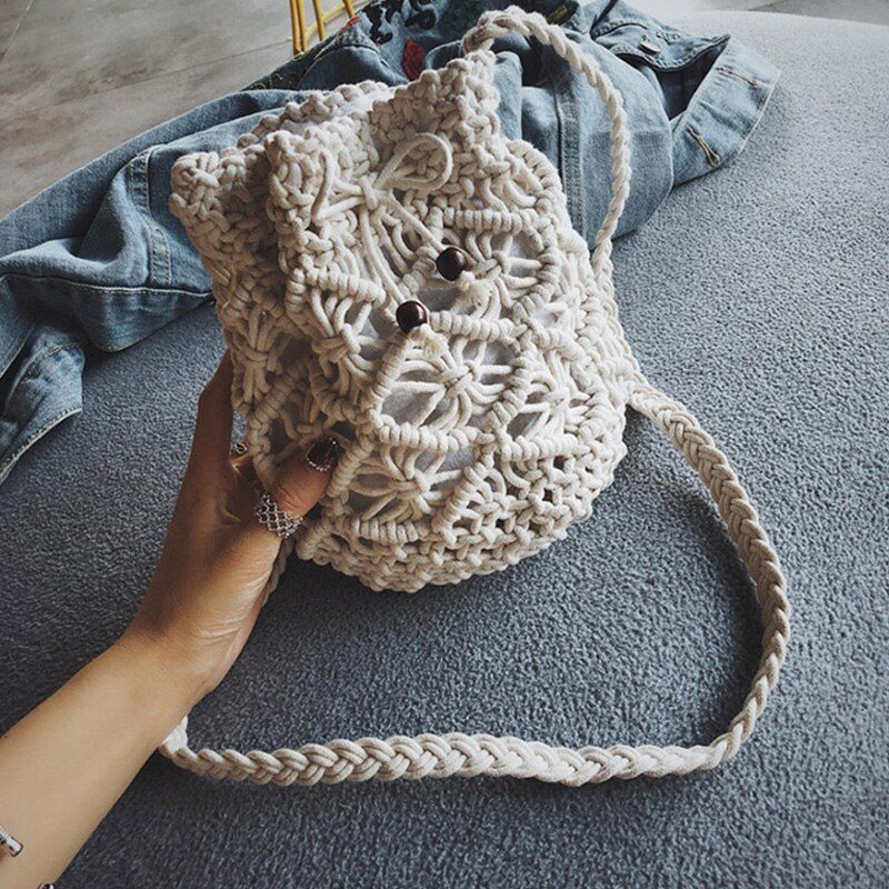 Cotton Rope Woven Shoulder Bag Handmade Knitted Bucket Bag Handbags 16*20*10 CM