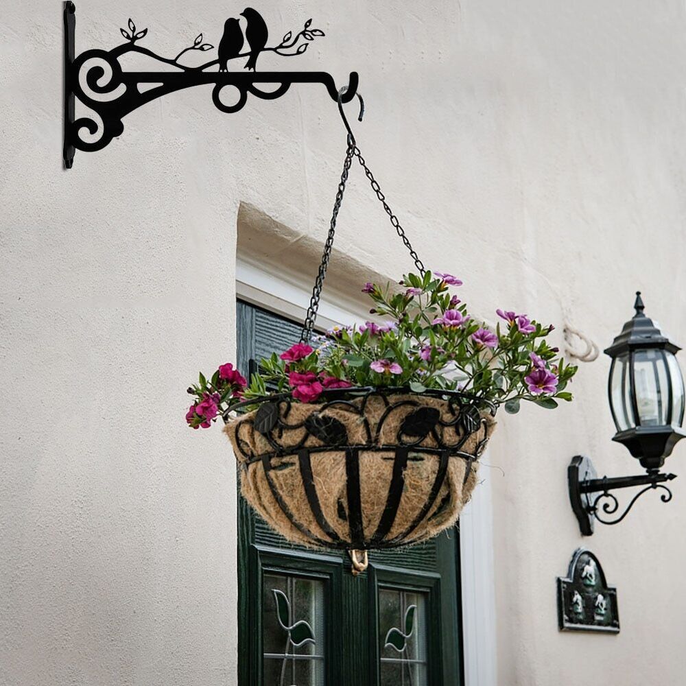 Wall Mounted Bracket Metal Flower Basket Bird Pattern Holder Hanger Rustic Hooks