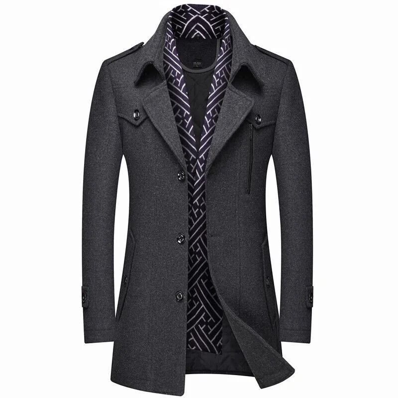 Men's Woolen Coats Turn Down Collar Warm Outerwear Casual Wool Coat Men