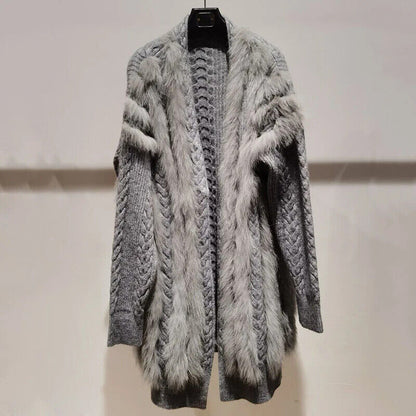 Warm Autumn Long Real Fox Fur Coat Long Sleeve Fashion Cardigan Outwear