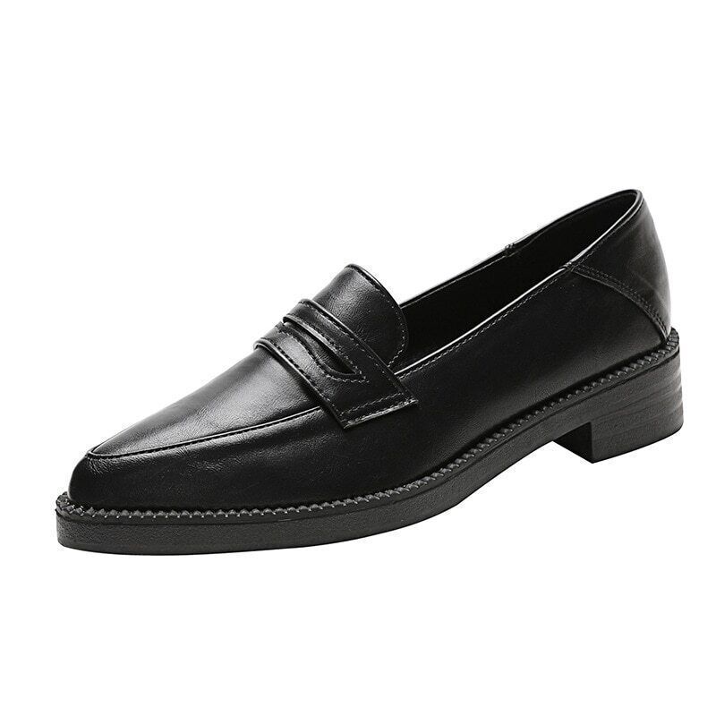 Leather Shoes Women Flats Slip on Loafers Brogue Shoes Thick Heel Oxfords