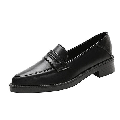 Leather Shoes Women Flats Slip on Loafers Brogue Shoes Thick Heel Oxfords