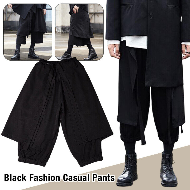 Men Japanese Loose Wide Leg Pants Drawstring Kimono Samurai Baggy Trousers Skirt