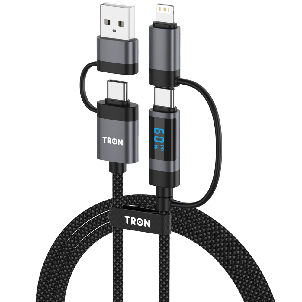 TRON 60W 4-in-1 Braided Charging Cable with Smart Digital Display, 5FT