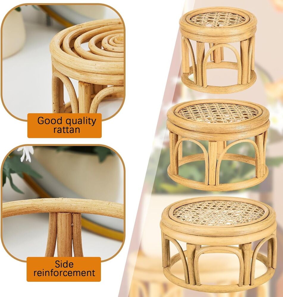 Woven Rattan Plant Stand Wicker Riser Stand Indoor Outdoor Home Decor Set of 3