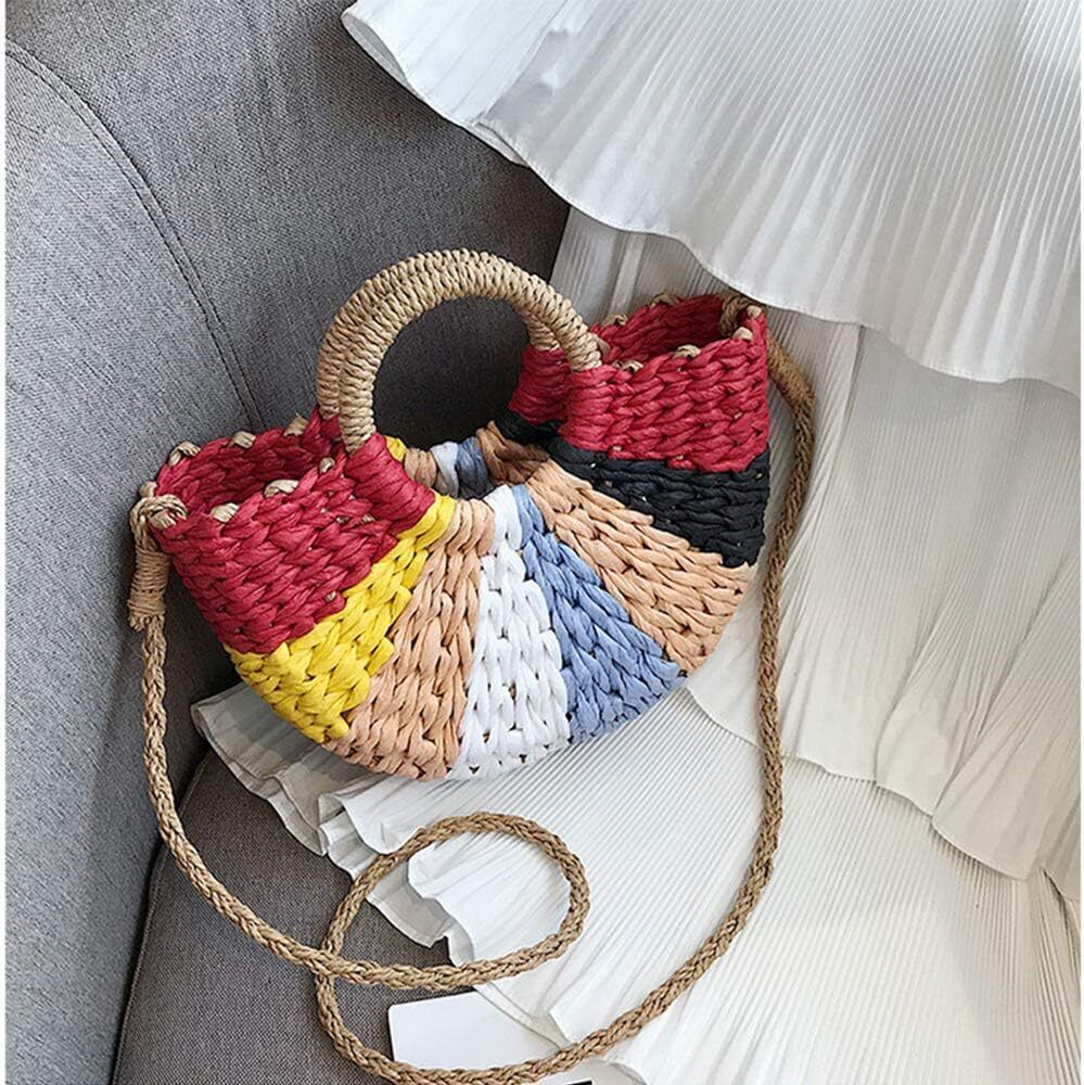 Hand Woven Rattan Women Retro Bag Colorful Boho Shoulder Crossbody Handle Gift