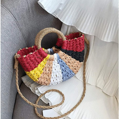 Hand Woven Rattan Women Retro Bag Colorful Boho Shoulder Crossbody Handle Gift