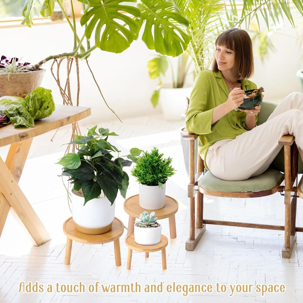 Round Wooden Plant Stand Stool Risers Pots Flower Home Office Decor Set of 3