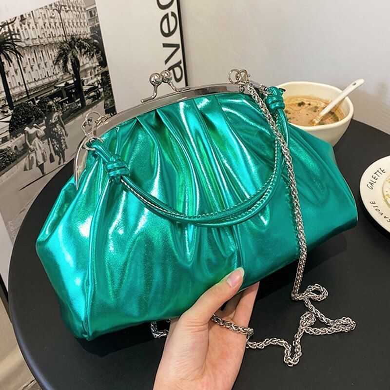 Sparkles Crossbody Bag Silver Green Clip Shell Handbag Chain Shoulder Purse 1 PC
