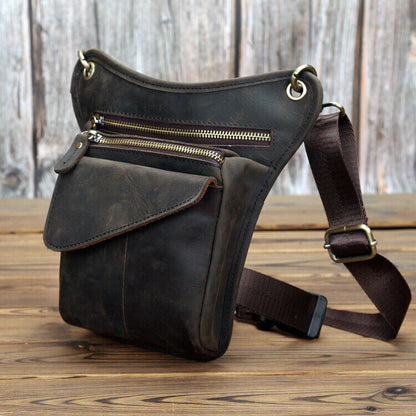 Mens Motorcycle Crazy Horse Leather Drop Leg Bag Tactical Thigh Waist Fanny Pack