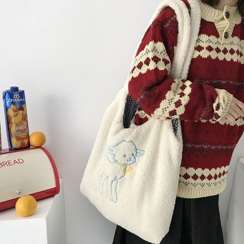 Fabric Shoulder Bag Handbag Tote Large Embroidery Shopper Bag Canvas Polyester