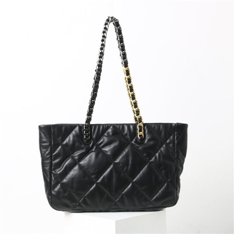 Quilted Lambskin Leather Black Tote w/ Chains Shoulder Bag Purse Handbag Fashion