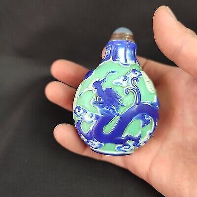 vintage chinese snuff bottle blue phoenix statue carving peking glass glaze fine