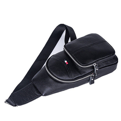 Black Sling Backpack Men's Genuine Leather Crossbody Chest Bags Casual Daypack