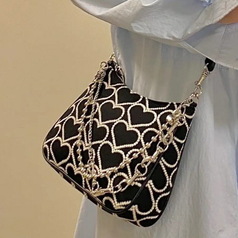 Fashion Heart Shape Embroidered Shoulder Bag Woman Lolita Gothic Tote Canvas Bag