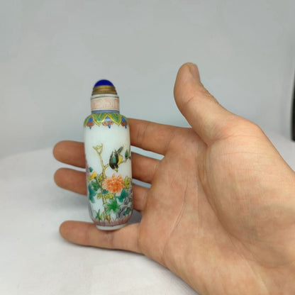 Old Bejing Peking Glass Snuff Bottle Hand Painted Flower Bird Colored Glaze rare