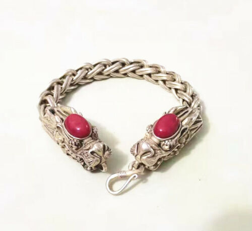 Collectible Ruby Tibet Silver Bangle Handwork Auspicious Dragon Bracelet