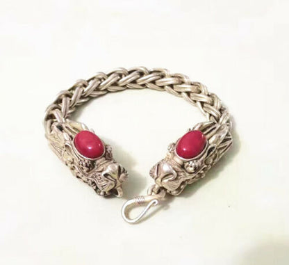 Collectible Ruby Tibet Silver Bangle Handwork Auspicious Dragon Bracelet