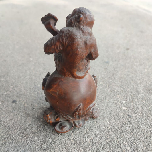 6"Chinese Boxwood Carving Monkey Peach Wooden Statue Vintage Folk Art Room Decor