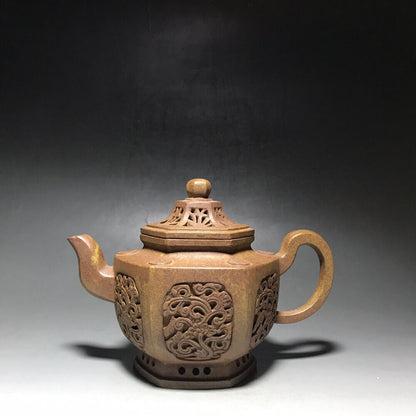 Chinese Yixing Zisha Clay Handmade Exquisite Teapot （六方镂空 底款：金鼎商标）