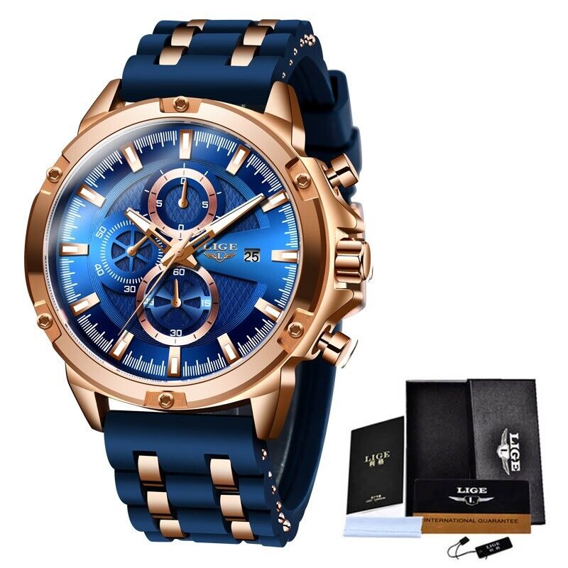 LIGE Men Watch Mens Bridge Manual Mechanical Dial Watch Rose Gold Blue Metal New