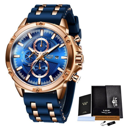 LIGE Men Watch Mens Bridge Manual Mechanical Dial Watch Rose Gold Blue Metal New