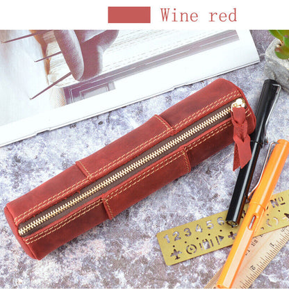 Handmade Cowhide Leather Pen Pouch Zipper Pencil Case Stationery Storage Bag