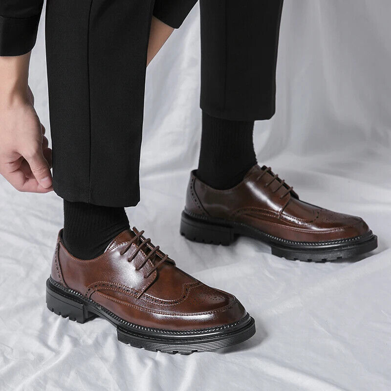 Men Shoes Business Dress Shoes All-Match Casual Shoes Brown Classic Block Shoe