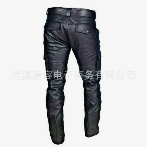 Mens Biker Motorcycle Leather Pants Pockets Straight Leg Windproof PU Trousers L