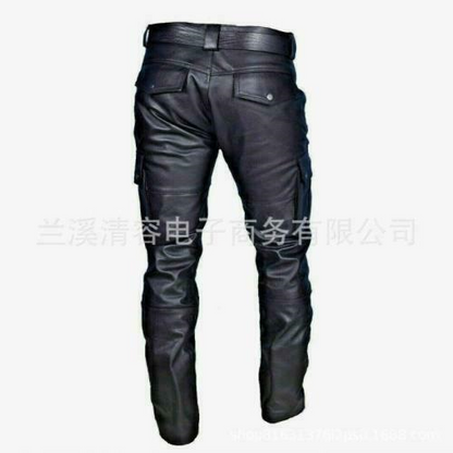 Mens Biker Motorcycle Leather Pants Pockets Straight Leg Windproof PU Trousers L