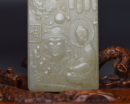 Chinese Natural Hetian Jade Carving Buddha Statue Dragon Good Luck Pendant Rare