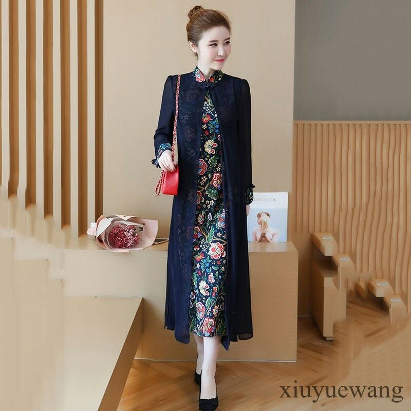Elegant retro womens floral Ethnic style Slim qipao cheongsam long sleeve dress